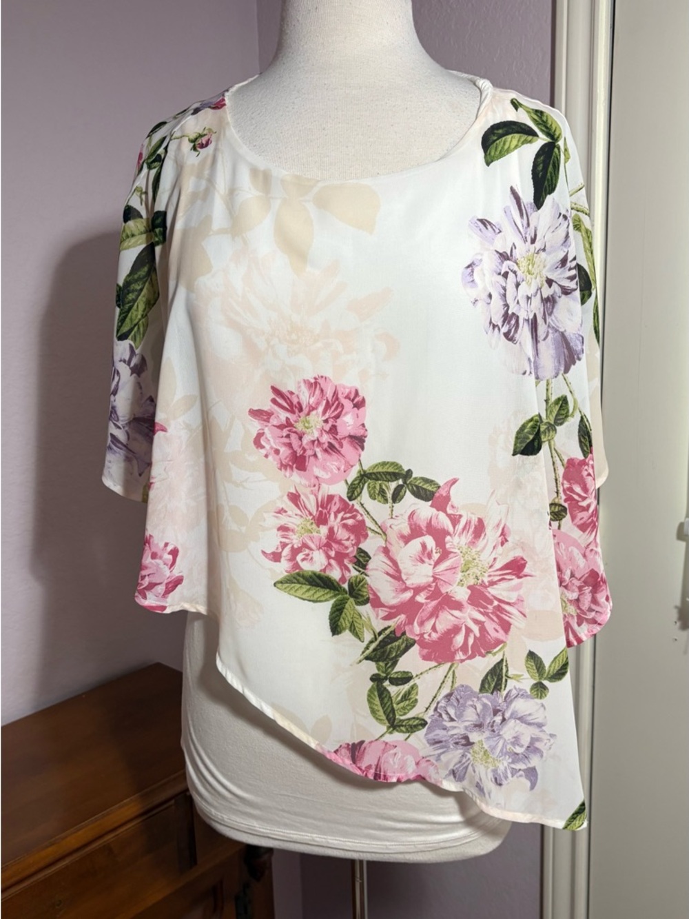 Ann Taylor Factory White Floral Overlay Blouse with Pink & Purple Blooms Size M